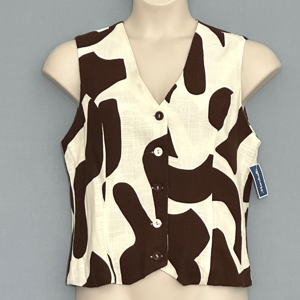 Paper Heart Womens Top XL Brown Cream Abstract Linen Blend Vest Boho Chic Artsy